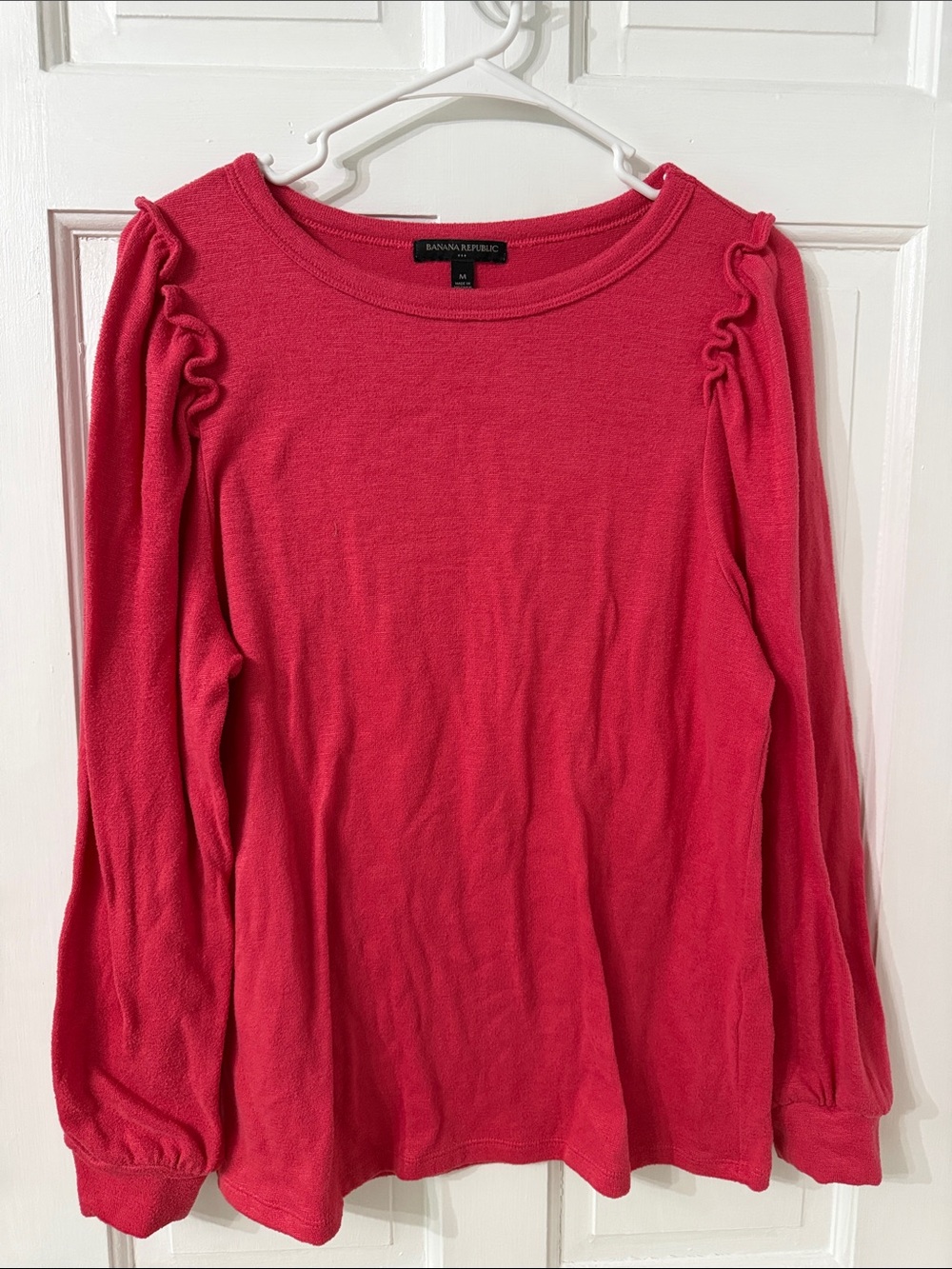 Banana Republic Coral Pink Ruffle-Shoulder Long Sleeve Top